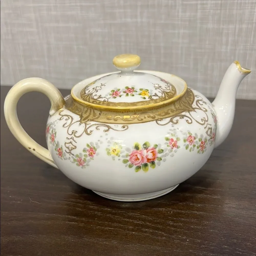Antique Noritake Nippon Maple Leaf Teapot 1891 Hand Painted Gold Pink Roses